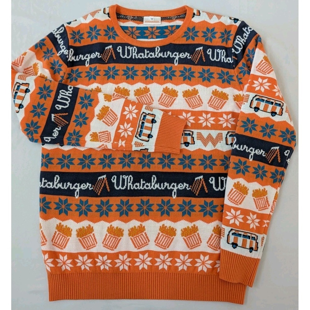 Whataburger Ugly Christmas Sweater Mens M Orange Holiday Knit French Fries Bus